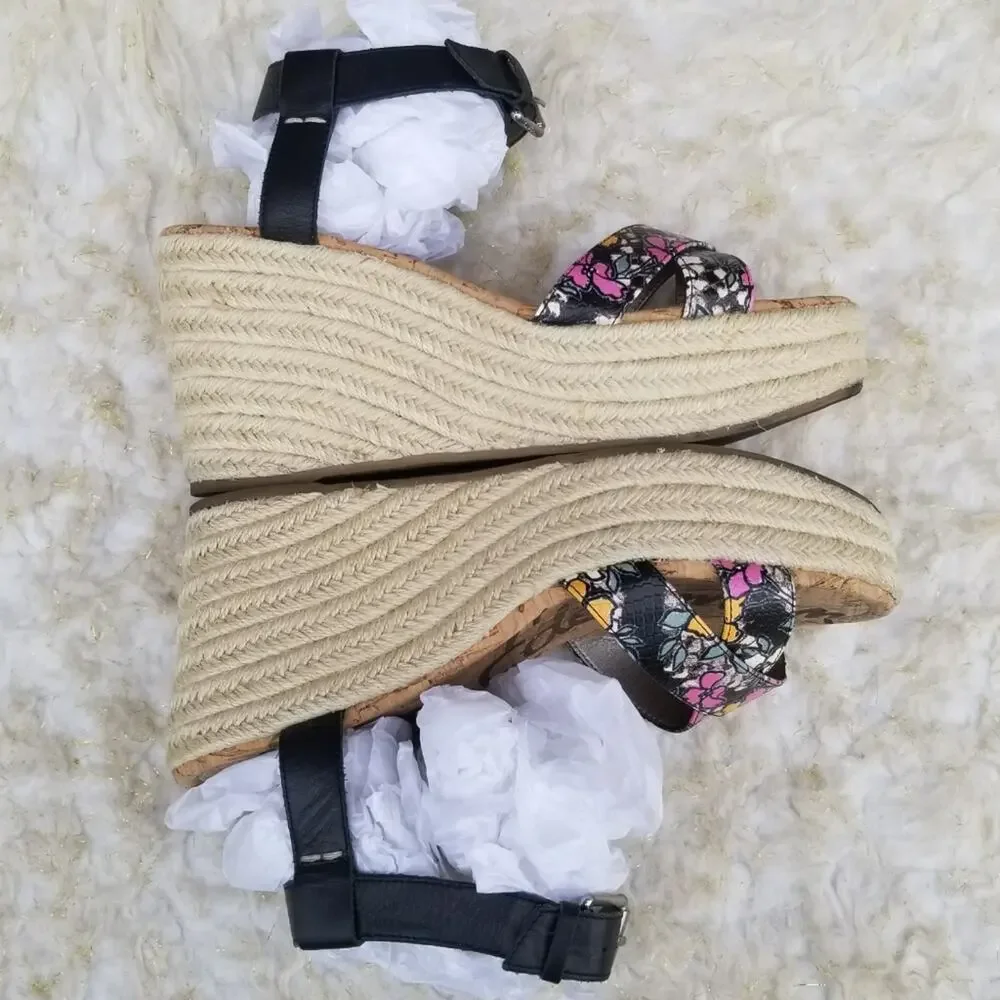 Platform Wedge Espadrille Sandals Sam Edelman Destin Size 10 Black Leather Strap